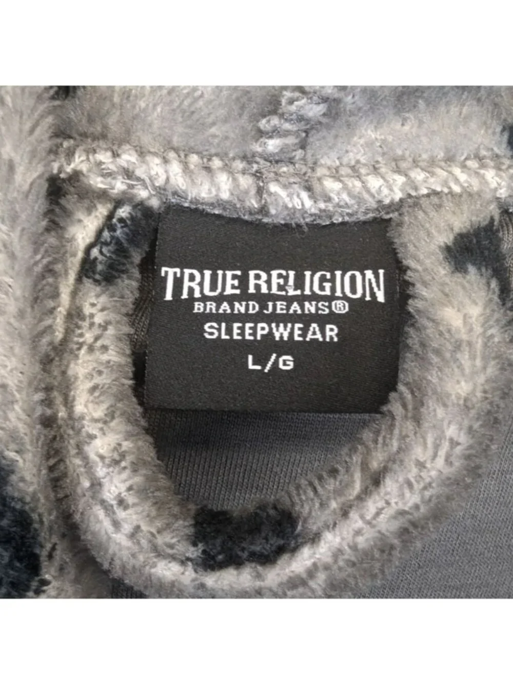 True Religion Mens Large Robe Gray Plush Sleepwear Hooded Bathrobe - NEW